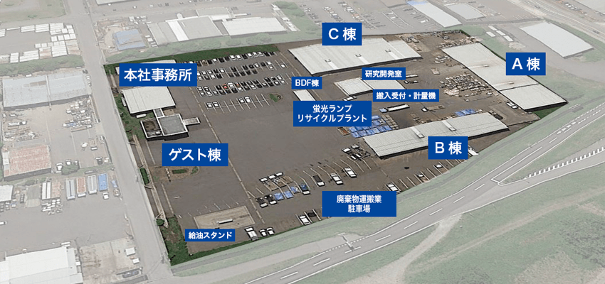 産業廃棄物中間処理施設の構内配置図（本社・リサイクルプラント・研究開発室を含む）